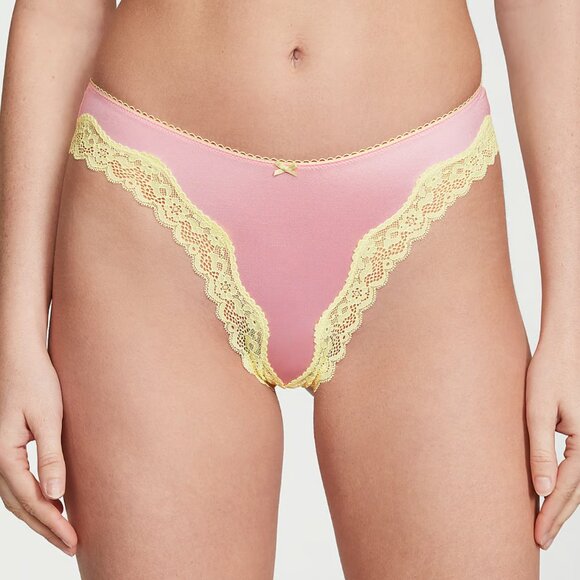 Victoria's Secret TEASE Pink/Lime Silky High-Leg Scoop Thong Panty Size L - Picture 6 of 7